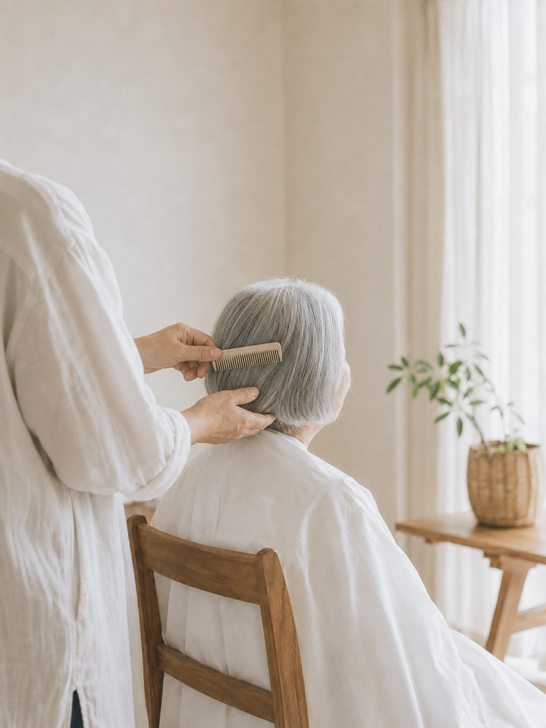 ご自宅で髪を整える出張カットの様子